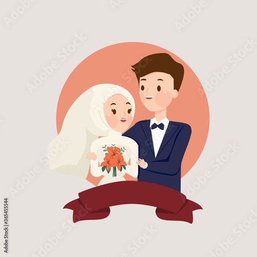 Muslim couple bride and groom with flower bouquet, muslim wedding invitation card. Cute muslim cartoon character for wedding.