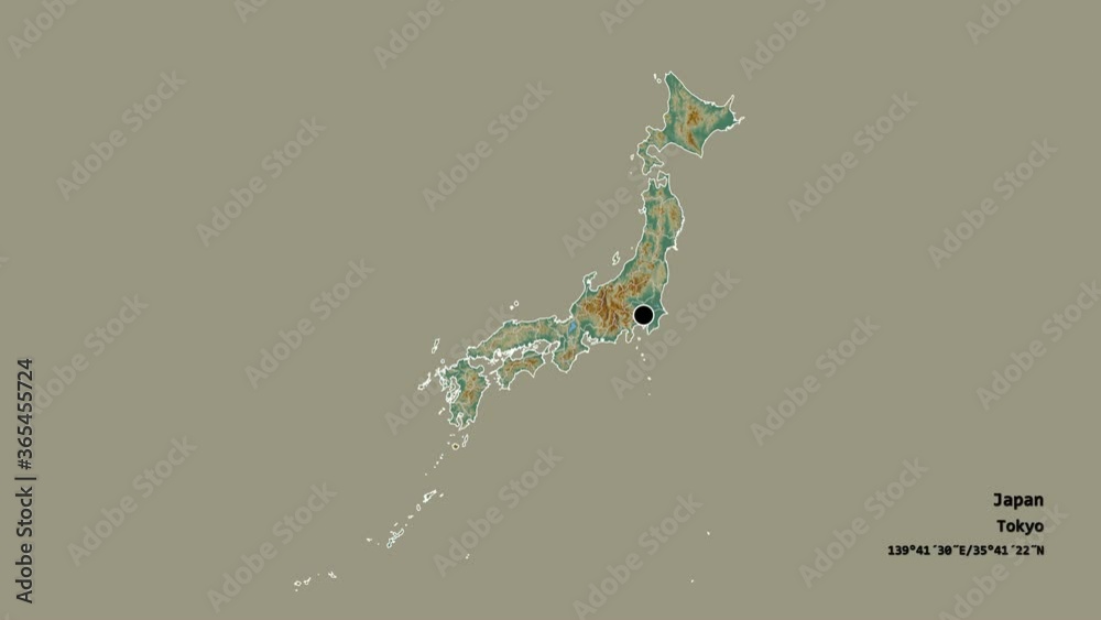 Chiba, prefecture of Japan, with its capital, localized, outlined and zoomed with informative overlays on a relief map in the Stereographic projection. Animation 3D Chiba, prefecture of Japan, with its capital, localized, outlined and zoomed with informative overlays on a relief map in the Stereographic projection. Animation 3D