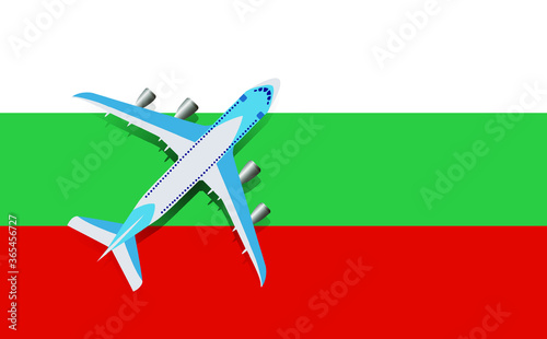 Vector Illustration of a passenger plane flying over the flag of Bulgaria. Concept of tourism and travel