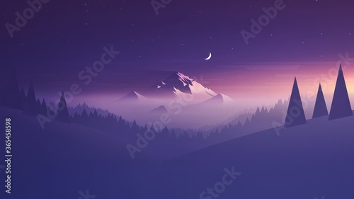 dreamy misty purple landscape with mountains, forest and moon eclipse