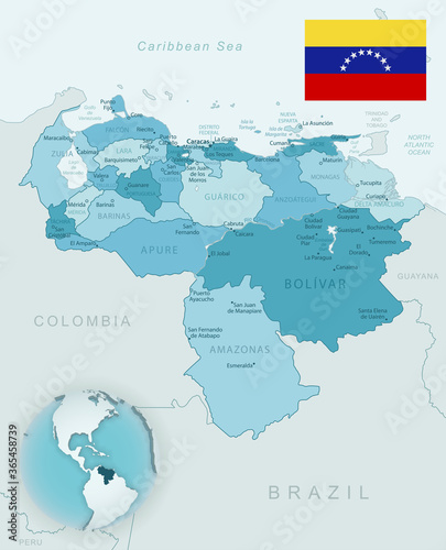 Blue-green detailed map of Venezuela administrative divisions with country flag and location on the globe.