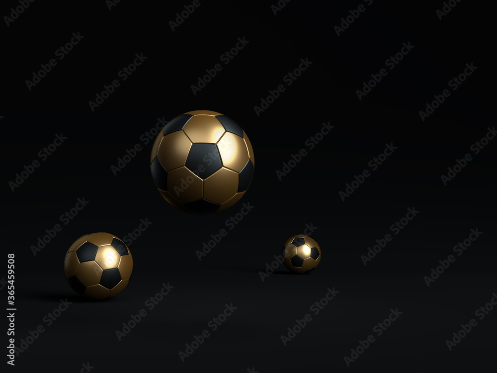 Football balls isolated on black background. Football game minimal black background concept. Soccer balls black and gold color minimalist mock up idea. Black colored dark color isolated image.