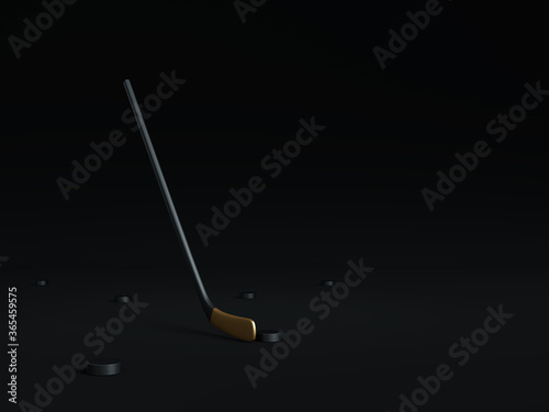 Hockey stick and pucks isolated on simple black background. Hockey game minimal black background. Hockey game black minimalist mock up concept. Black colored solid color isolated hockey game image. photo