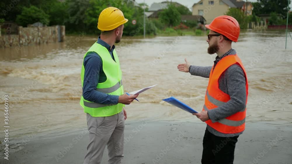 Two male engineers solve the flood problem. Natural disaster major flooding underwater entire community and neighborhood flooded. Homes, houses overflowing with water, home insurance needed. Two male engineers solve the flood problem. Natural disaster major flooding underwater entire community and neighborhood flooded. Homes, houses overflowing with water, home insurance needed.