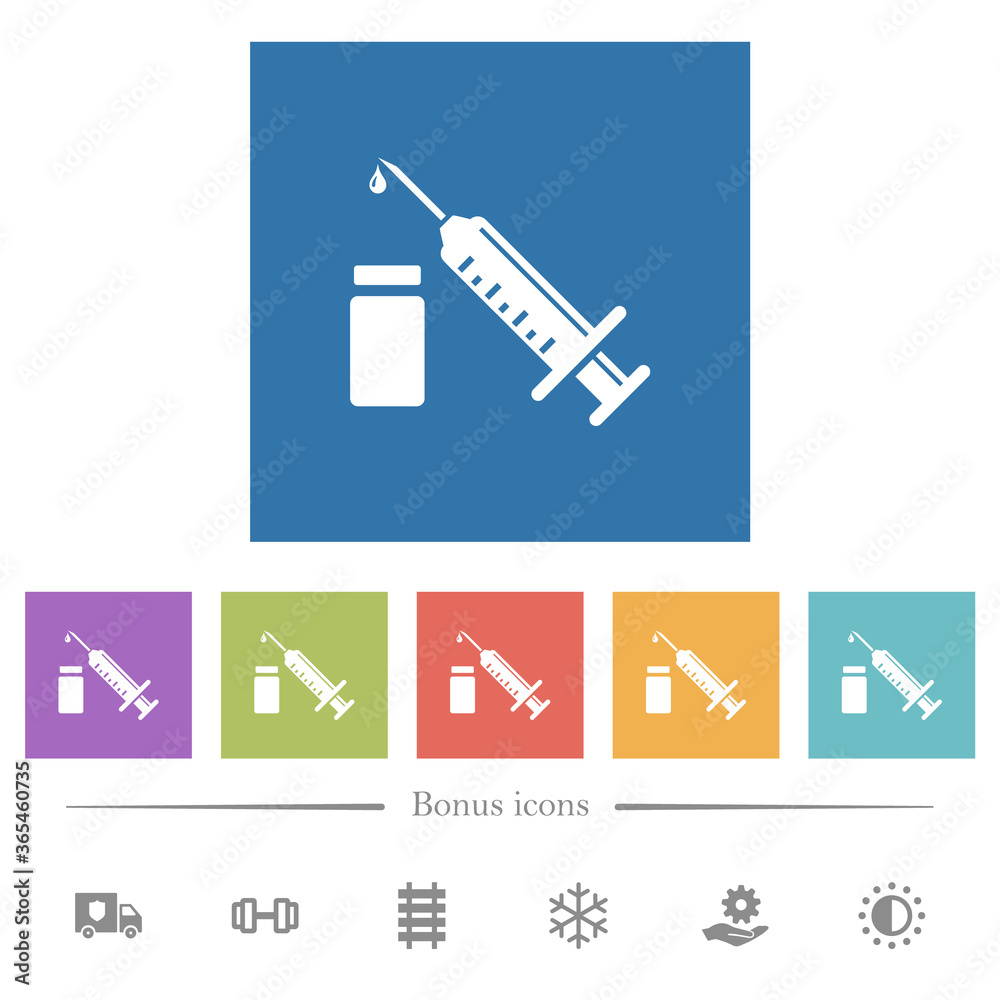 Syringe with ampoule flat white icons in square backgrounds