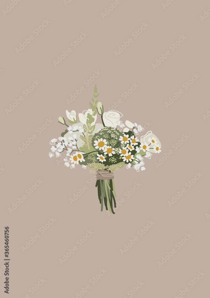 Rustic style bridal bouquet of wildflowers. Wedding floristry. Festive,  floral card. White-green bouquet. Chamomile, eustoma and dill flowers.  Stock Vector