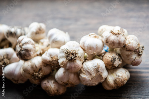 wreath of garlic on a dark wooden background