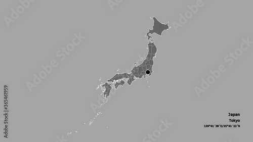 Hyōgo, prefecture of Japan, with its capital, localized, outlined and zoomed with informative overlays on a bilevel map in the Stereographic projection. Animation 3D photo