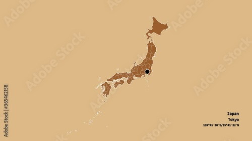 Hyōgo, prefecture of Japan, with its capital, localized, outlined and zoomed with informative overlays on a solid patterned map in the Stereographic projection. Animation 3D photo