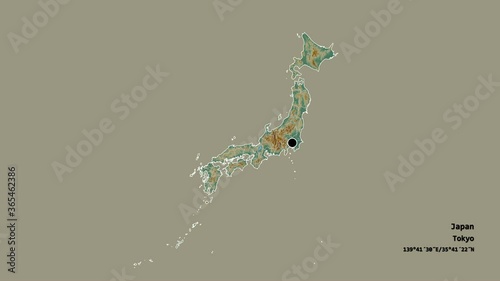 Hyōgo, prefecture of Japan, with its capital, localized, outlined and zoomed with informative overlays on a relief map in the Stereographic projection. Animation 3D photo