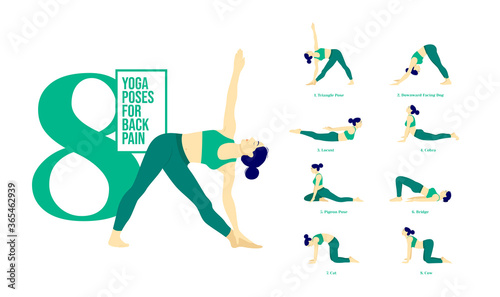 Set of yoga postures female figures.yoga poster Of 8 yoga poses for Back Pain. Woman figures exercise in sportswear. .Vector Illustration.