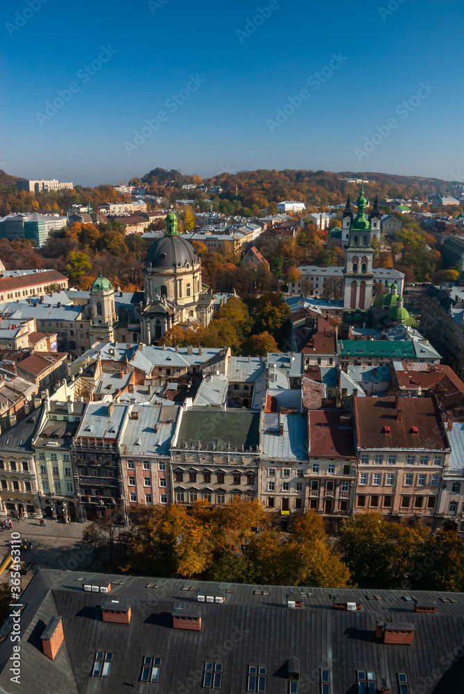 High view of old european architecture in autumn old city Lviv in Ukraine