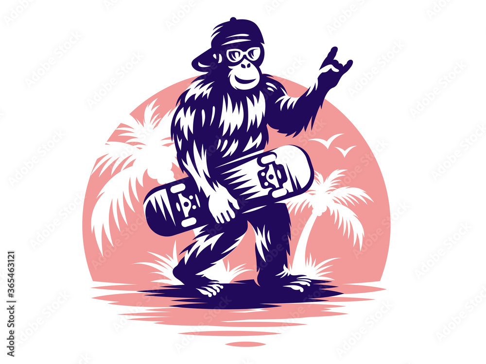 Monkey with a skateboard on a background of palm trees, vector illustration, print for clothes, t-shirts. Skateboarding illustration.