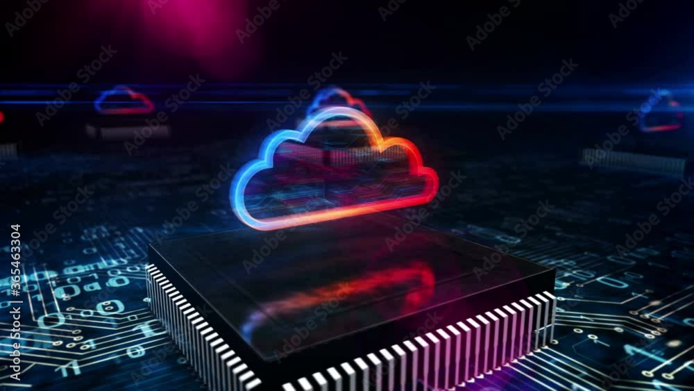 Digital computing cloud symbol. Cyber technology, internet data storage, computer, database and mobile server abstract concept. 3D camera fly over the board circuit inside working computer.