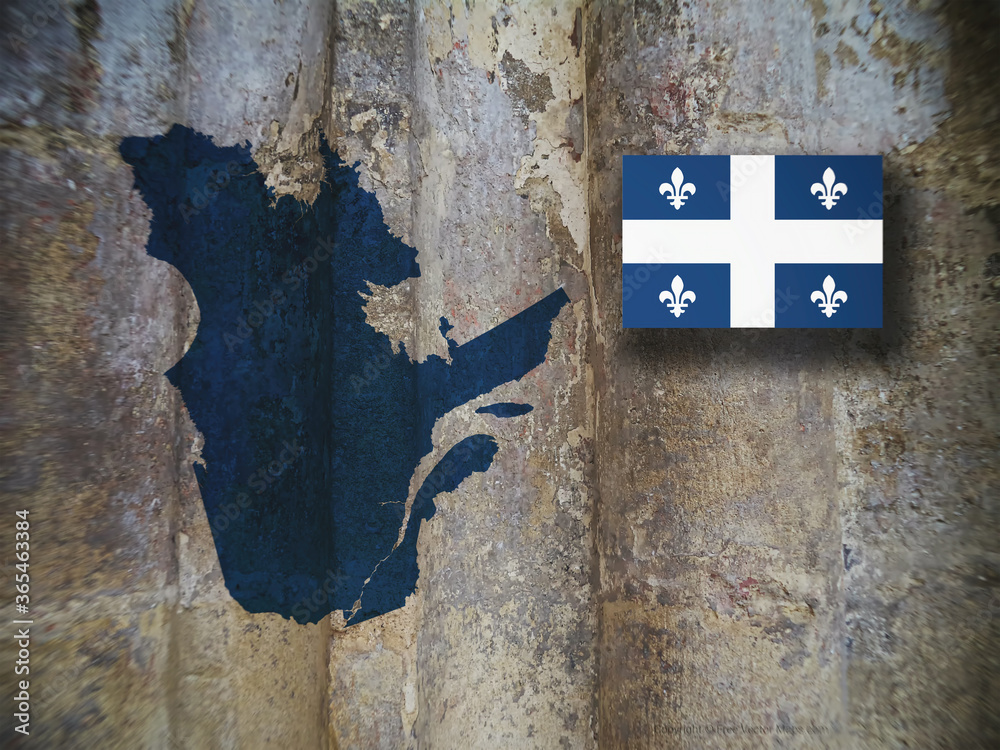 Naklejka premium Map and flag of Quebec, province of Canada, on wooden background, 3D illustration