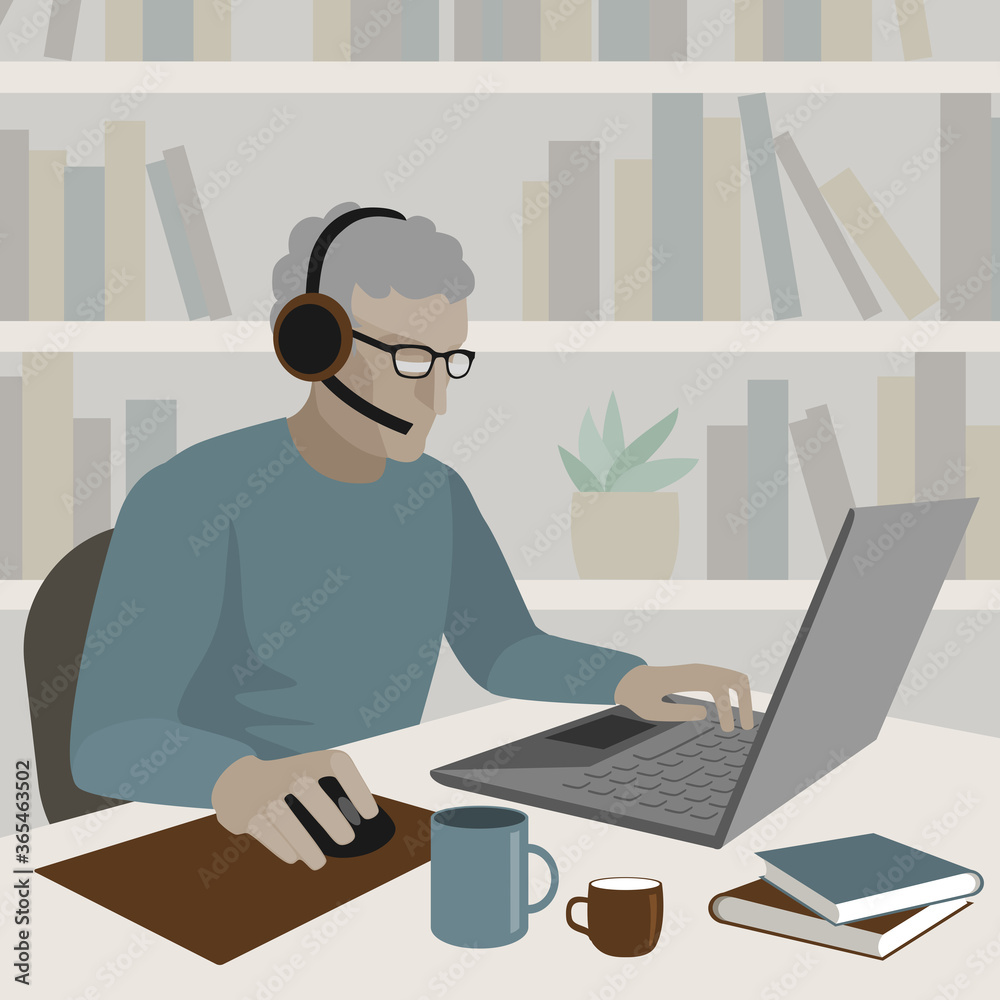 Older person in headphones with a microphone is working on a laptop. Drawing in a flat style. Older person in headphones with a microphone is working on a laptop. Drawing in a flat style.