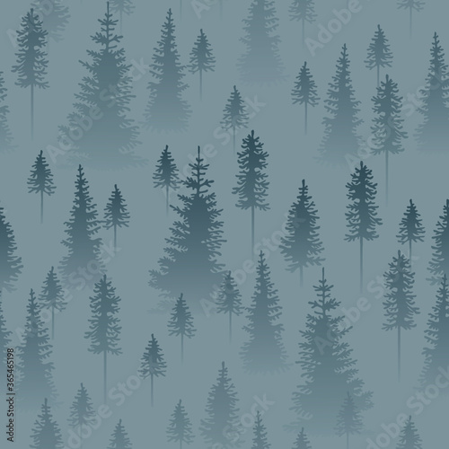 Foggy coniferous forest. Grey and blue firs in the haze. Seamless pattern.