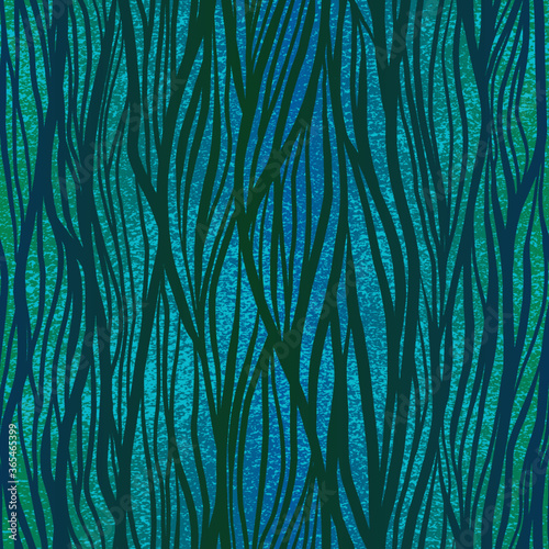 Seamless pattern with blue, green and turquoise stripes. Seaweed.