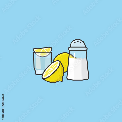 Tequila in shot glass, lemons and salt shaker vector illustration  for Tequila Day on July 24. Mexican hard liquor drinking ritual symbol