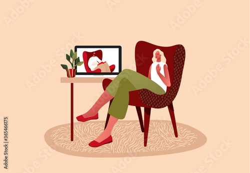 Online psychotherapy. Female patient with psychologist or psychotherapist sitting on a chair. Psychotherapy session. Mental health, depression, anxiety. Flat style vector illustration.