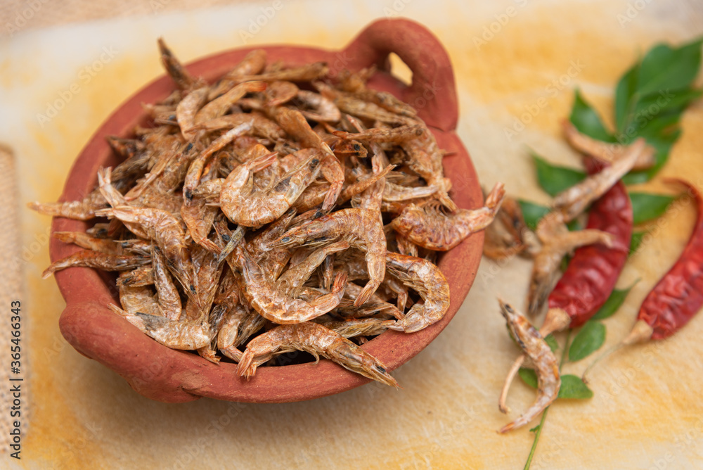 Dried shrimp, prawn sundried Kerala India. Dry seafood to make coconut