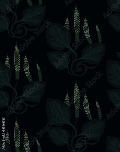 Seamless herbal pattern Great plantain, Plantago major. Medicinal plant wild field flower on a dark blue background.