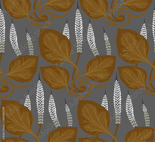 Seamless herbal pattern Great plantain, Plantago major. Medicinal plant wild field flower on a gray background.