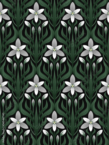 Seamless floral ornament in art Deco style. Ornithogalum umbellatum, the garden star-of-Bethlehem, grass lily, nap-at-noon, or eleven-o'clock lady.