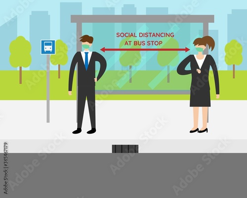 Illustration vector design of social distancing at bus stop. Male and female are waiting for bus. New normal activities.