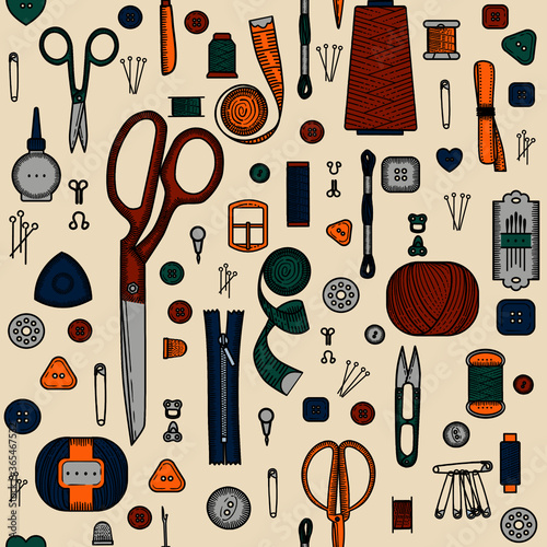 Seamless pattern. Handmade, sewing, embroidery, needlework items on a beige background.