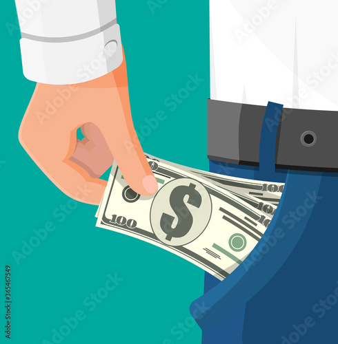Dollar banknotes in pocket. Hand full of cash in pocket. Growth, income, savings, investment. Symbol of wealth. Business success. Flat style vector illustration.