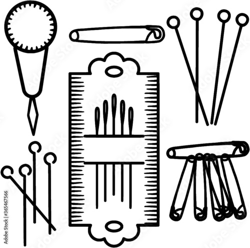 Set of sewing items monochrome color. Set for needlework. Pins and needles on a white background. An isolated object.