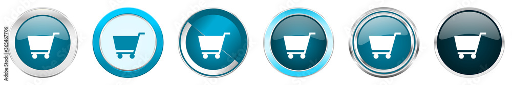 Cart silver metallic chrome border icons in 6 options, set of web blue round buttons isolated on white background Cart silver metallic chrome border icons in 6 options, set of web blue round buttons isolated on white background