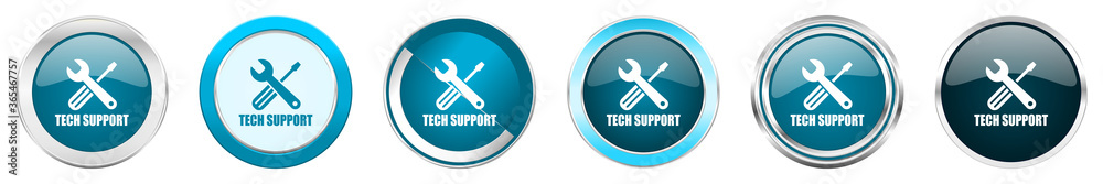 Technical support silver metallic chrome border icons in 6 options, set of web blue round buttons isolated on white background Technical support silver metallic chrome border icons in 6 options, set of web blue round buttons isolated on white background