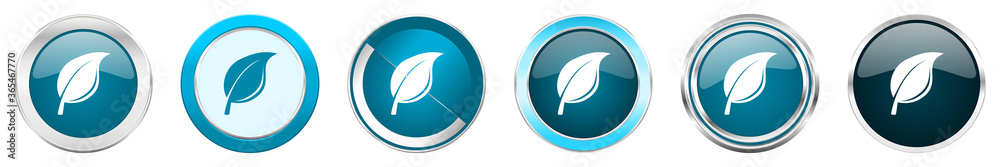 Nature silver metallic chrome border icons in 6 options, set of web blue round buttons isolated on white background Nature silver metallic chrome border icons in 6 options, set of web blue round buttons isolated on white background
