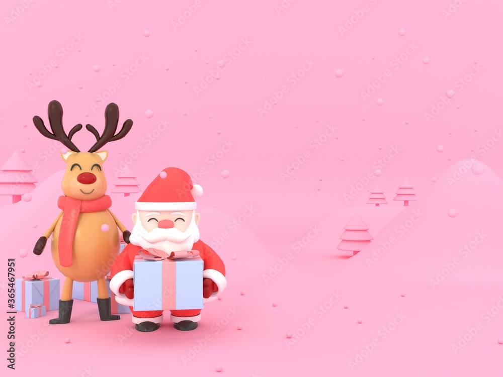 Fototapeta premium Christmas card pink background with santa claus Reindeer and giftbox,3d rendering. 