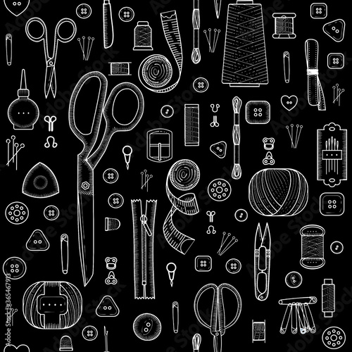 Seamless pattern. Handmade, sewing, embroidery, needlework items on a black background.