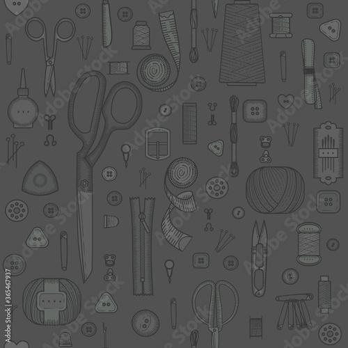 Seamless pattern. Handmade, sewing, embroidery, needlework items on a gray background.