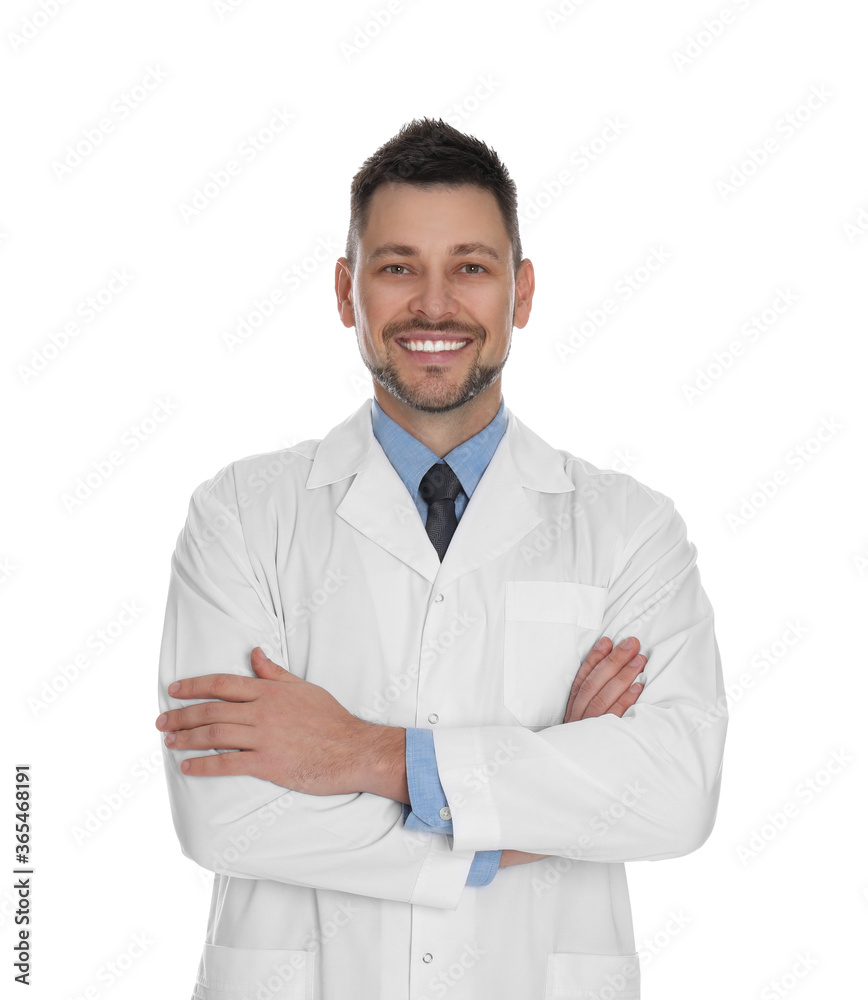 Happy man in lab coat on white background Happy man in lab coat on white background