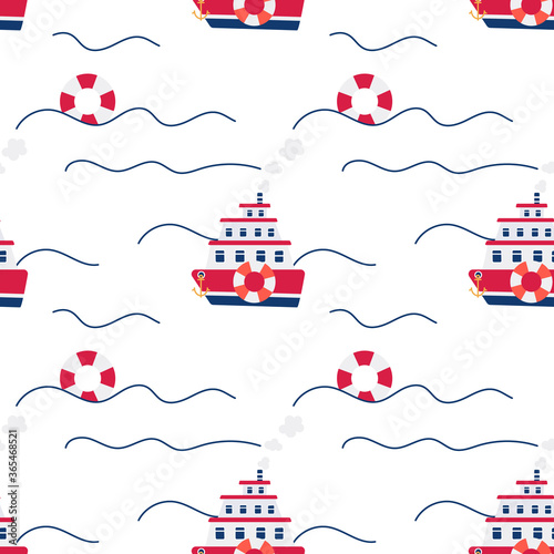 Vector seamless pattern of cruise liner on white background.