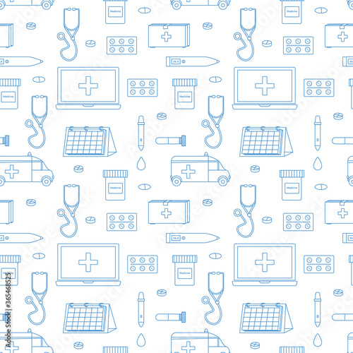 Seamless vector pattern with telehealth elements for website background.