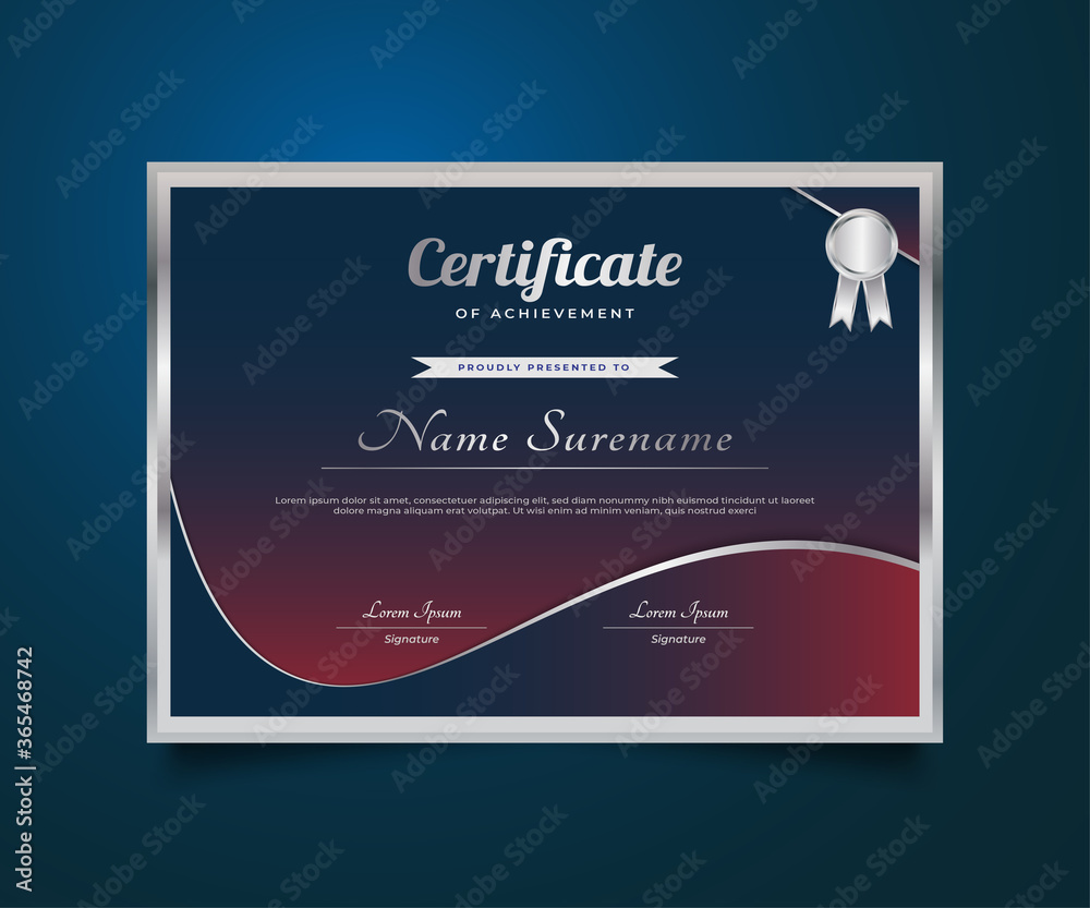 Fototapeta premium Blue and Red Certificate Template with Silver Badge