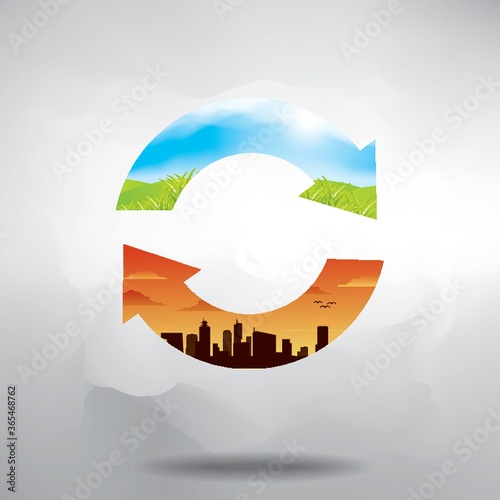 double exposure of refresh symbol with nature and cityscape