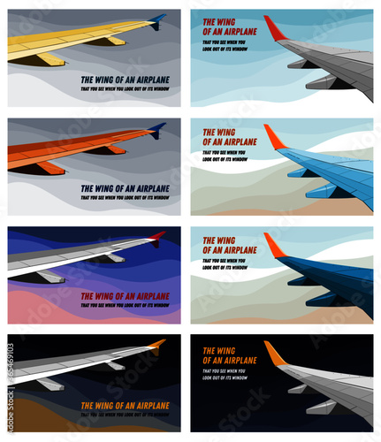 A set of postcards with an airplane wing on an abstract background with an inscription.