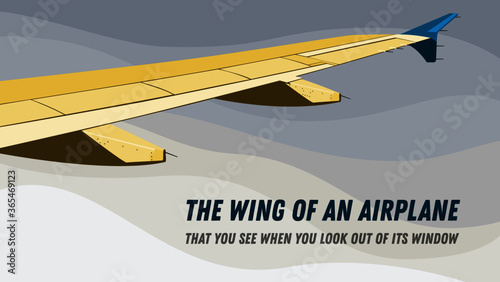 The yellow wing of an airplane on a gray wavy background with an inscription at the bottom right.
