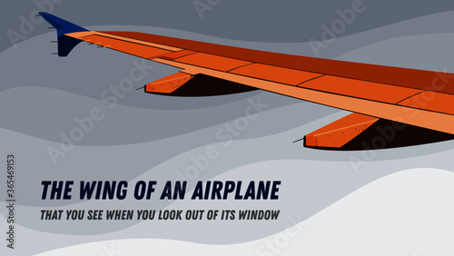 The orange wing of an airplane on a gray wavy background with an inscription on the left.