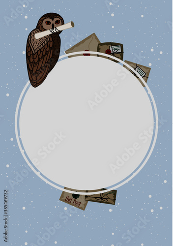 Card with an owl on a round frame and letters on a blue background. The owl postal service.