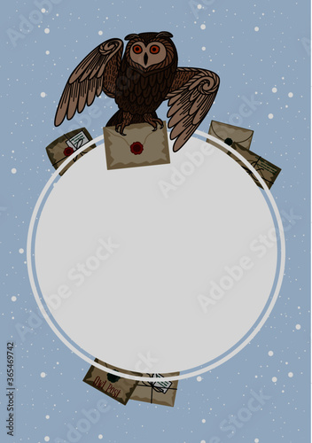 Card with an owl on a round frame and letters on a blue background. The owl postal service.