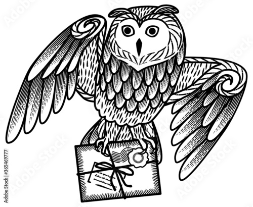 Monochrome card with an owl and letters in the style of engraving. The owl postal service.