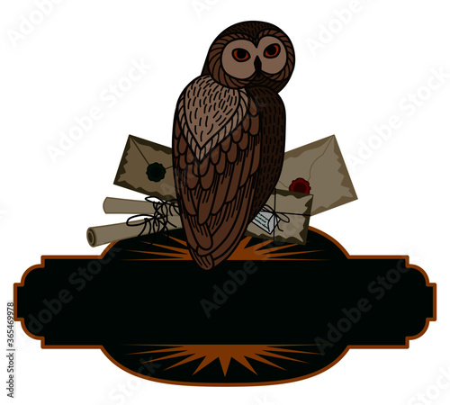 Сard with an owl, scrolls and letters on a white background. The owl postal service. 
